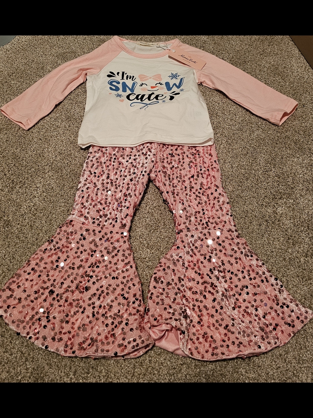 Pink 'I'm Snow Cute' Girls Matching Set with Sequin Bell-Bottoms